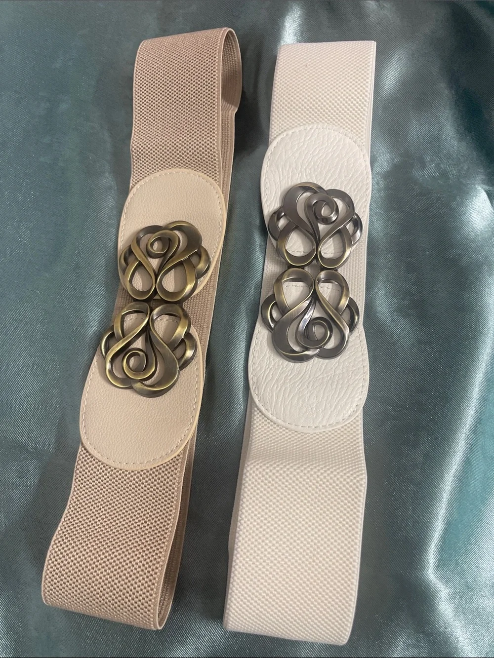 2 PCS - Elastic Waist Belt with Decorative Metal Buckle - Beige and Ivory
